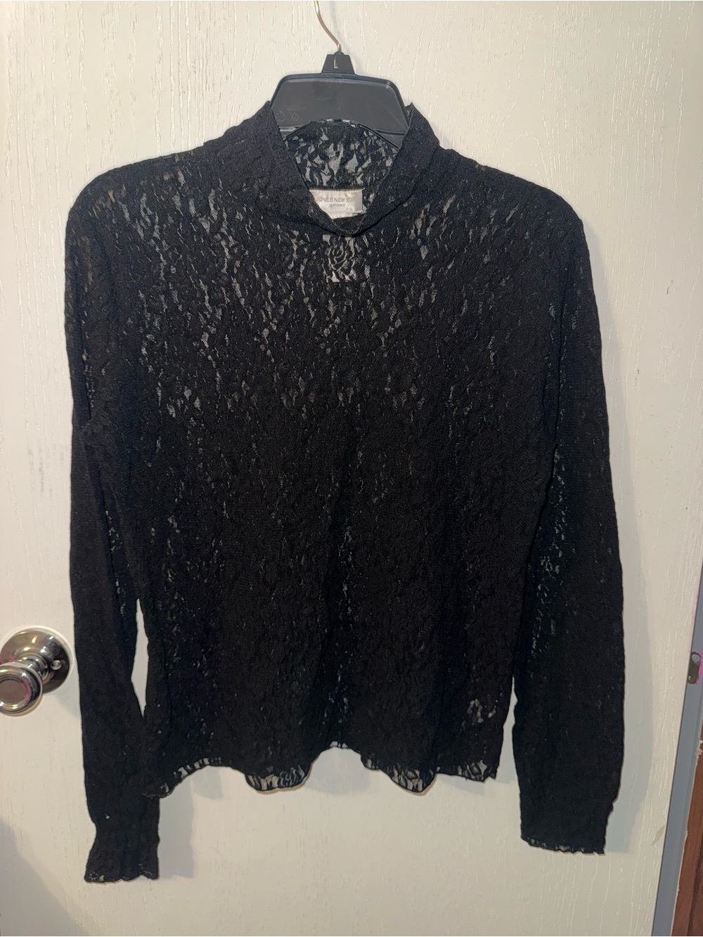 Jones New York Black Lace Long-Sleeve Mock Neck Top